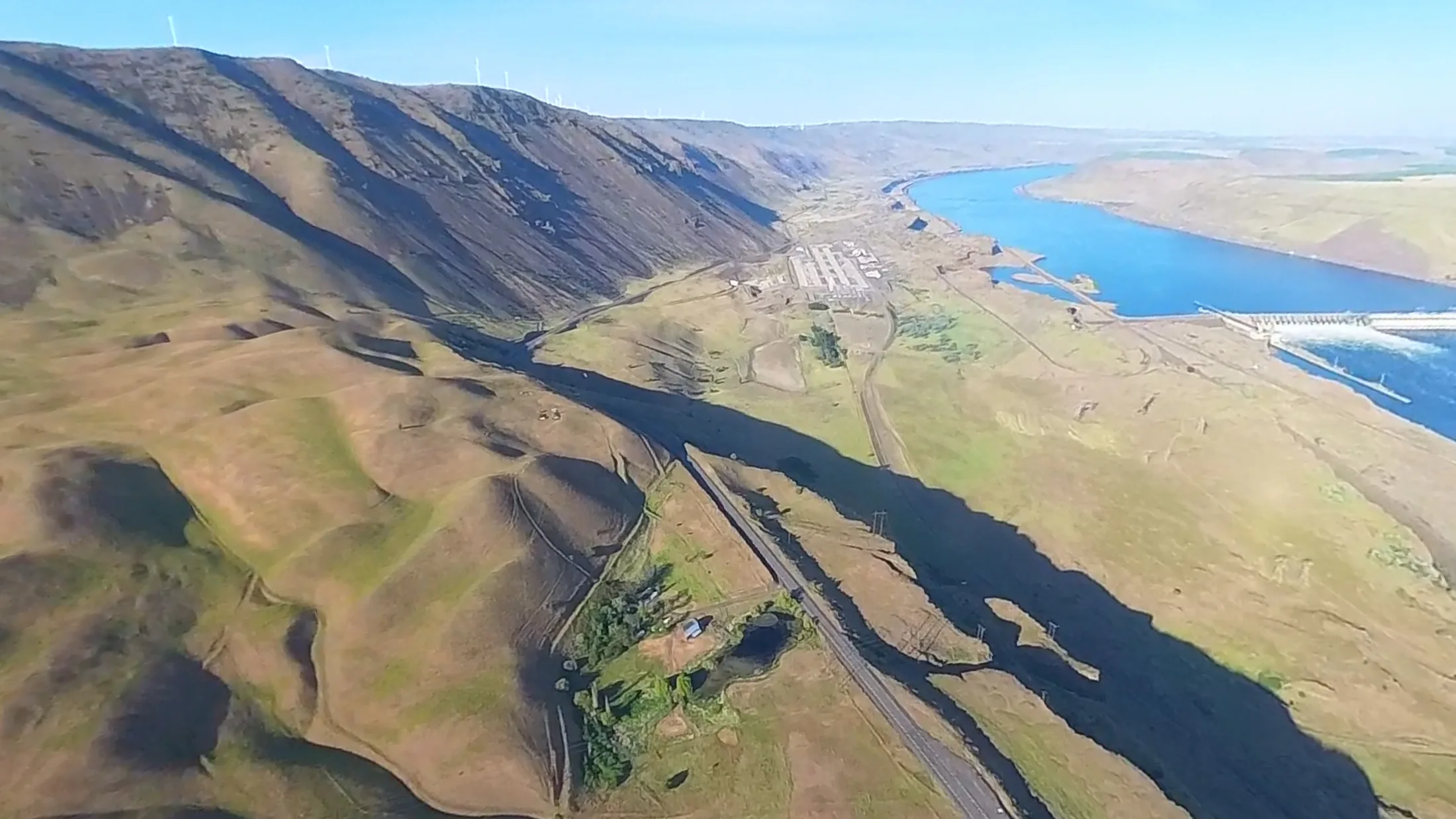 Aerial view over Cliffside Ranch toward the Columbia River and basalt hills